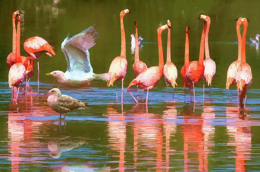 Impressionist Bird Party-Flamingling Digital Art by Shelli Fitzpatrick