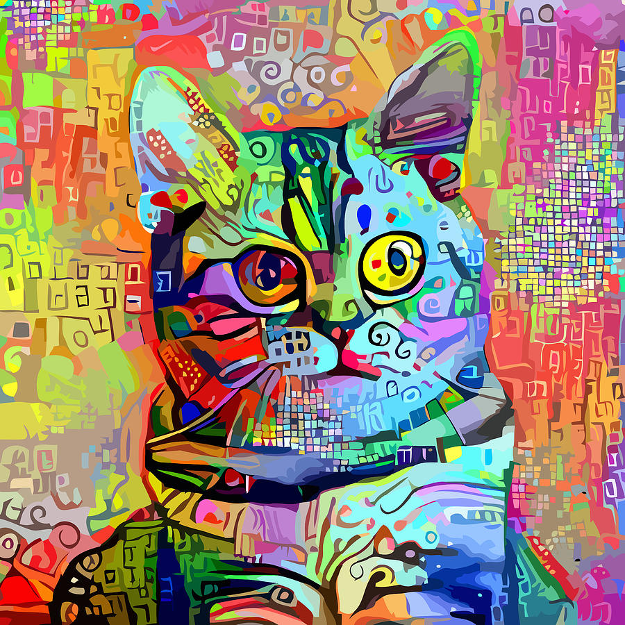 Impressionist Colorful Adorable Cat Digital Art by Sambel Pedes