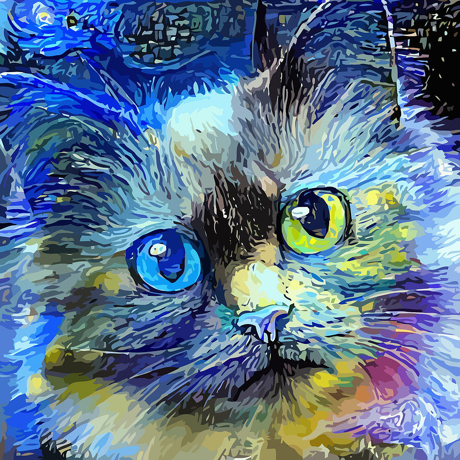 Impressionist Colorful Starry Night Cat Digital Art by Sambel Pedes