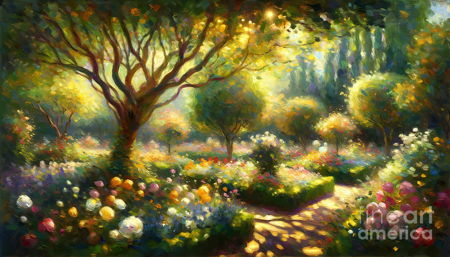 Nature Digital Art - Impressionist Garden Painting, A garden scene in the style of Impressionist paintings by Jeff Creation