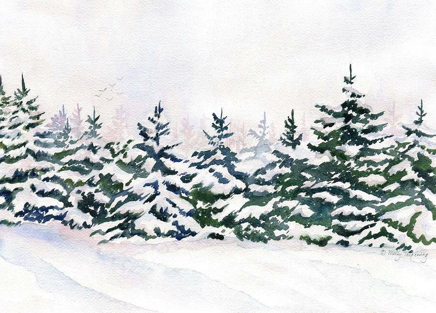 Impressionist Snowy Pine Trees Painting by Melly Terpening
