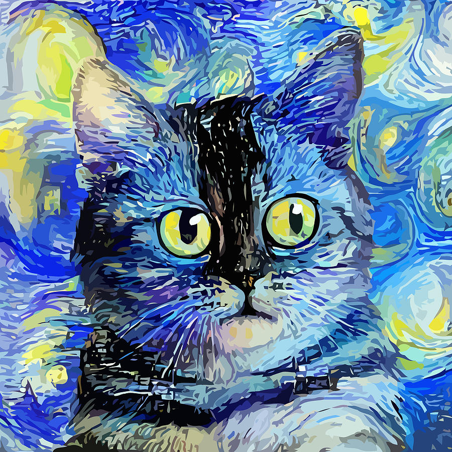Impressionist Starry Night Cute Cat Digital Art by Sambel Pedes