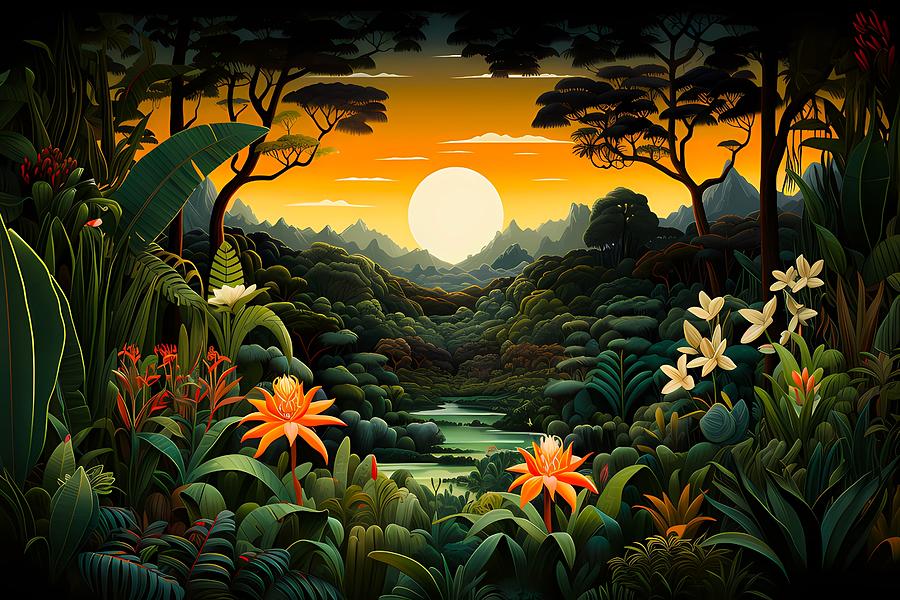 Impressionist Style Painting of the Amazon Rainforest at Sunrise No 1 ...