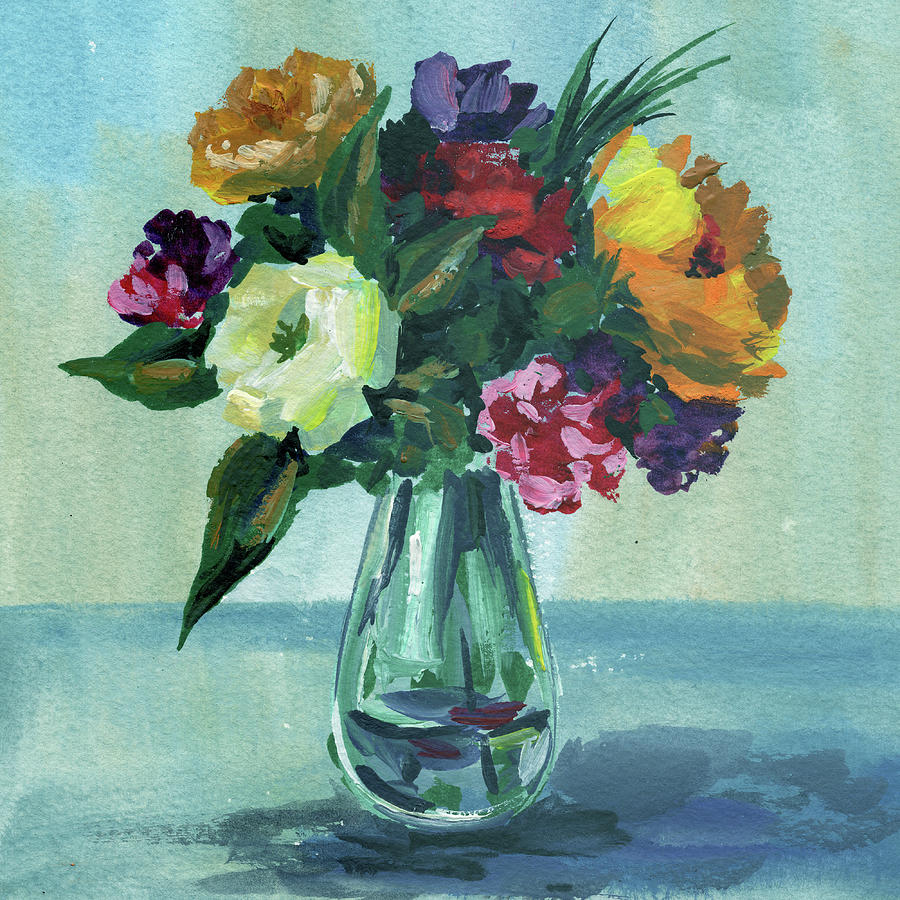 Impressionistic Flowers in the Teal Blue Glass Vase  Painting by Irina Sztukowski