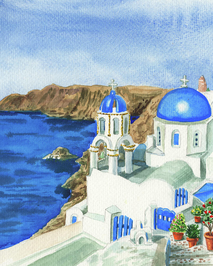 Impressionistic Painting Of Oia Blue Roof Buildings Greece  Painting by Irina Sztukowski