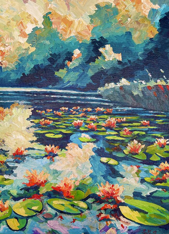 Impressionistic water lilies 3 Painting by Ray Khalife