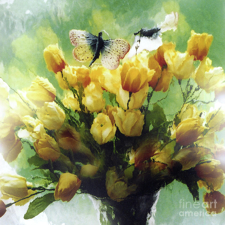 Impressionistic Yellow Watercolor Tulips Butterflies Floral Cottage Romantic Yellow Cottage Tulips  Photograph by Kathy Fornal
