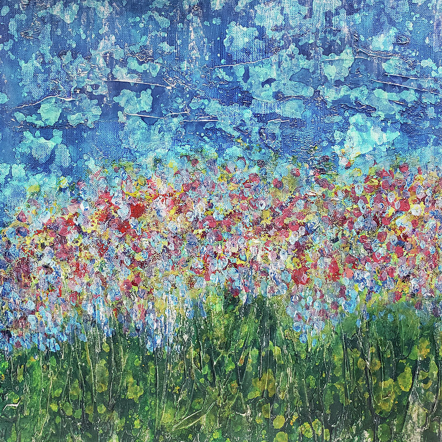 IMPRESSIONISTS GARDEN Abstract Flowers in Blue Red Green Painting by Lynnie Lang