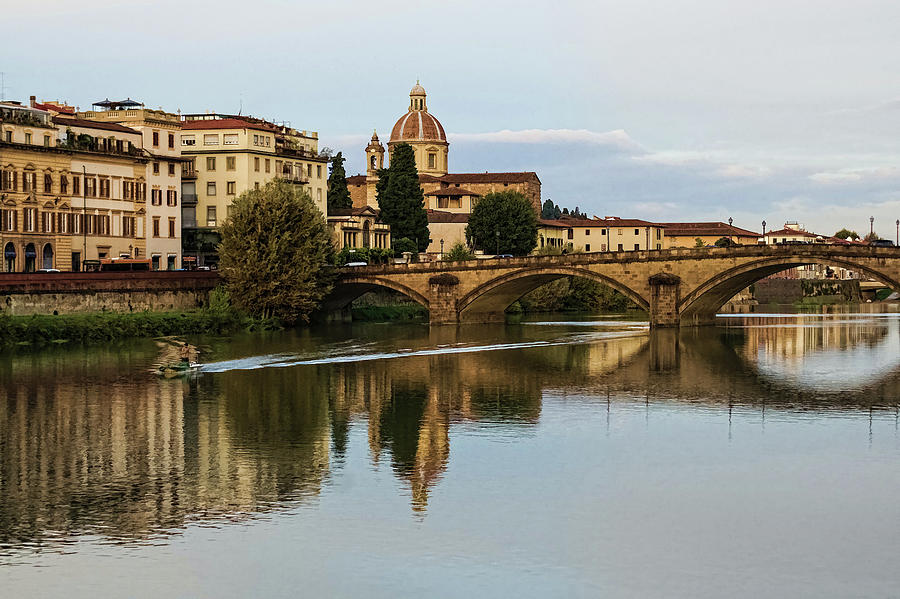 Impressions Of Florence - Ponte Santa Trinita Boating Digital Art by Georgia Mizuleva