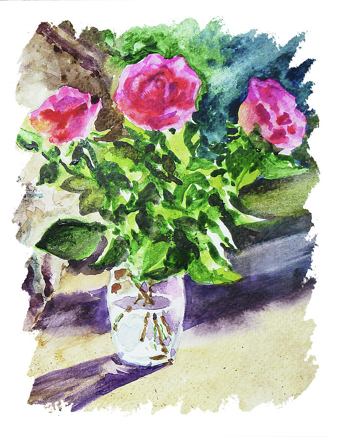 Impulse Of Nature Watercolor Roses In Vase With Free Brush Strokes Painting