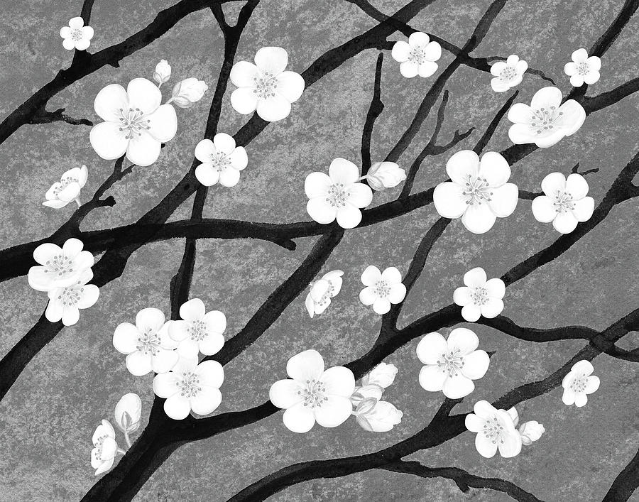 Impulse Of Nature Watercolor Spring Blossoms In Gray Monochrome Painting