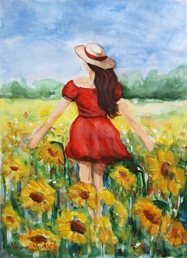 In A Field Of Sunflowers Painting by Vesna Martinjak