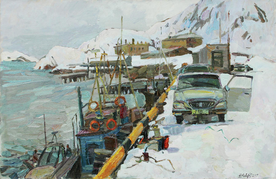 Snowy day at the port Painting by Juliya Zhukova