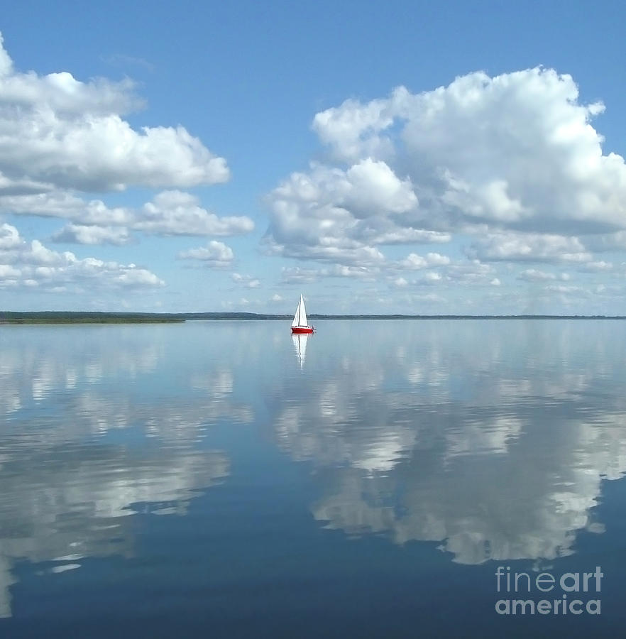 Self-isolation Sailing In Clouds Red Boat Lake Reflections And Relaxation Photograph by Tatiana Bogracheva