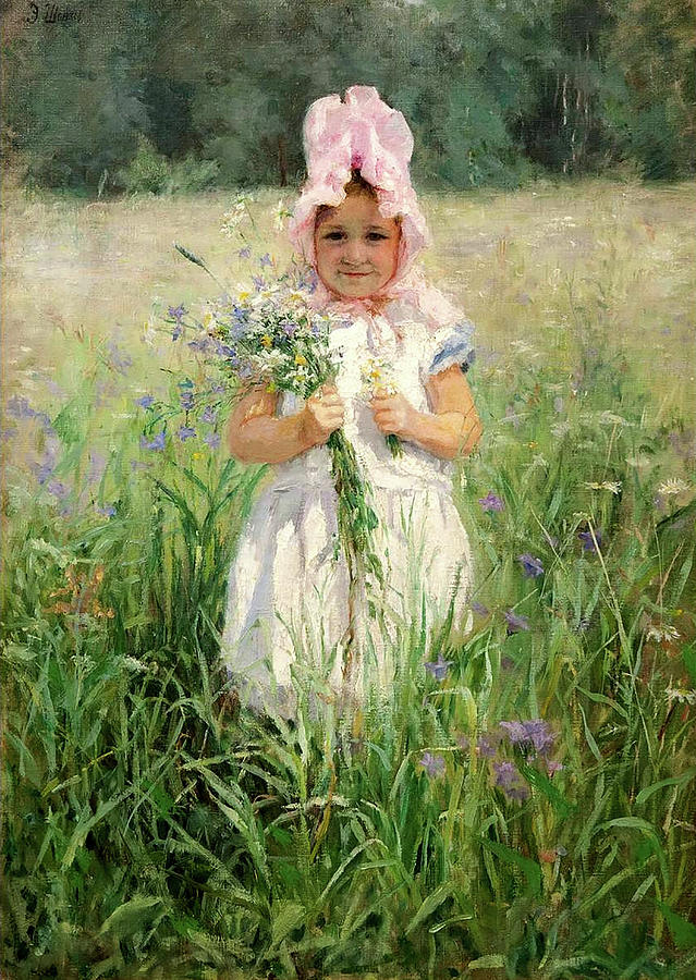 In the flowers Portrait of the artists daughter Vasily Polenov Painting by Emily Shanks