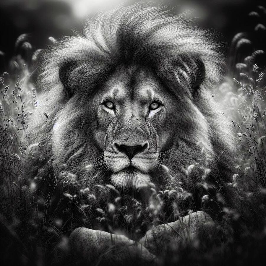 In the Heart of the Wild - Capturing the Serene Gaze of a Lion in the Tall Grass Digital Art by Artfinity X In the Heart of the Wild - Capturing the Serene Gaze of a Lion in the Tall Grass Digital Art by Artfinity X