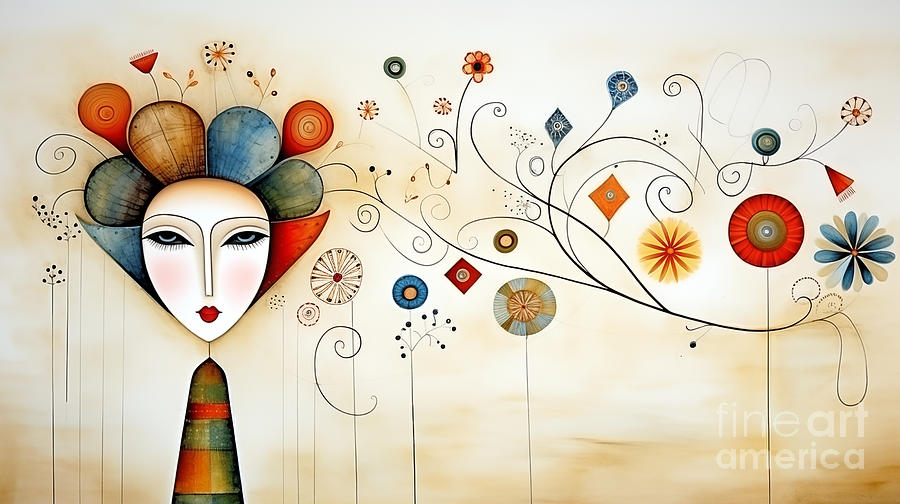  In the image, a stylized female figure with an abstract floral headdress is surrounded Digital Art by Odon Czintos
