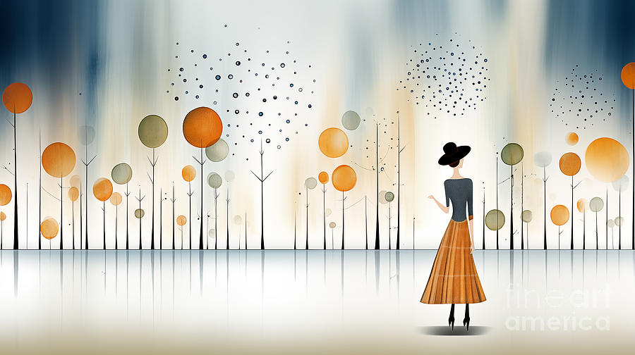  In the image, a woman in a flowing skirt and hat stands observing an abstract Digital Art by Odon Czintos