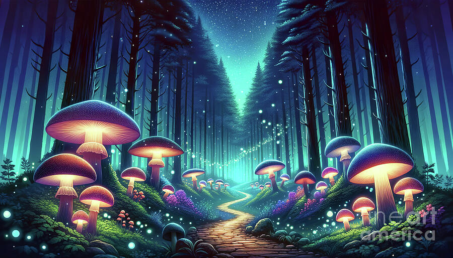 In the magical forest, bioluminescent mushrooms and fireflies glow Digital Art by Odon Czintos