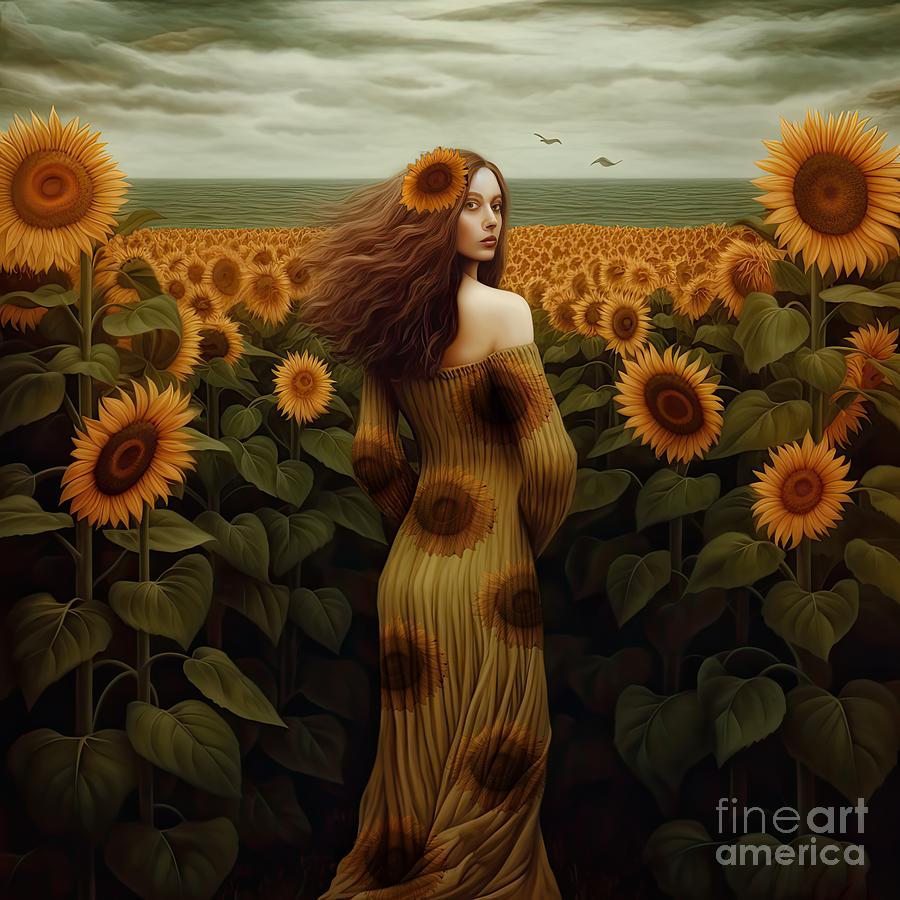 In the Sunflowers Painting by Mindy Sommers