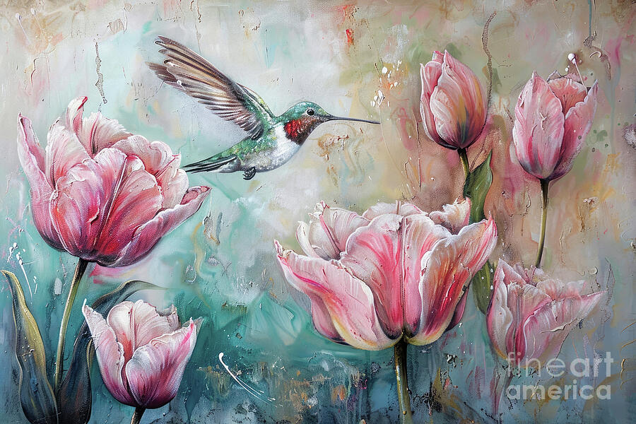 Hummingbird Painting - In The Tulip Garden by Tina LeCour