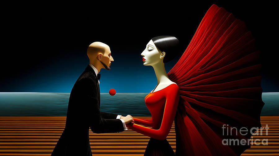  In this digital artwork, a bald man in a suit holds hands with a woman in a flowing red dress  Digital Art by Odon Czintos