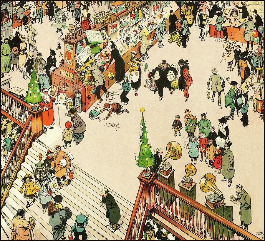 In Toyland - Humours of London - funny illustration of Christmas rush for toys in the early 1900s Drawing by Tony Sarg