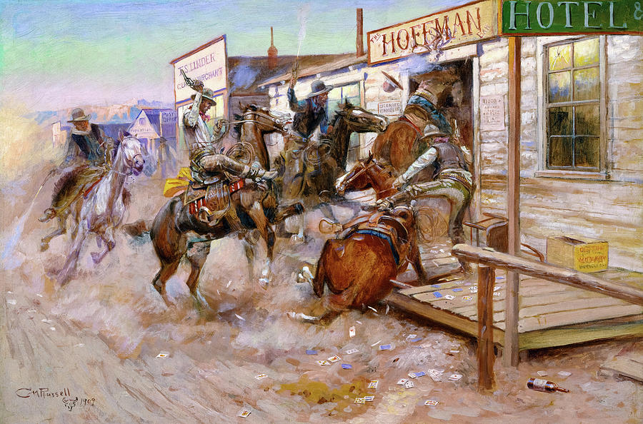 Rampage Movie Painting - In Without Knocking, American Old West, 1909 by Charles Marion Russell