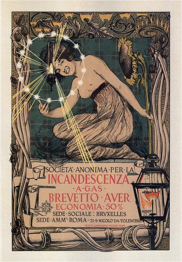 Lamp Digital Art - Incandescenza Gas Lamps - Art Nouveau Vintage Poster - Giovanni Maria - Retro Advertising Poster by Studio Grafiikka