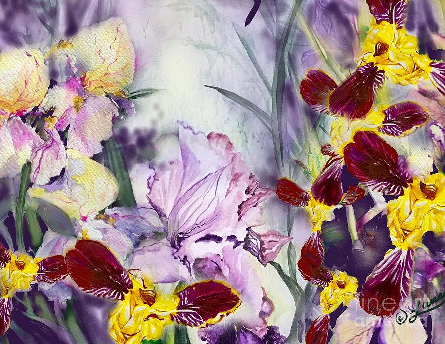 Incoming Flight of Bumblebee Irises Mixed Media by Laurel Adams