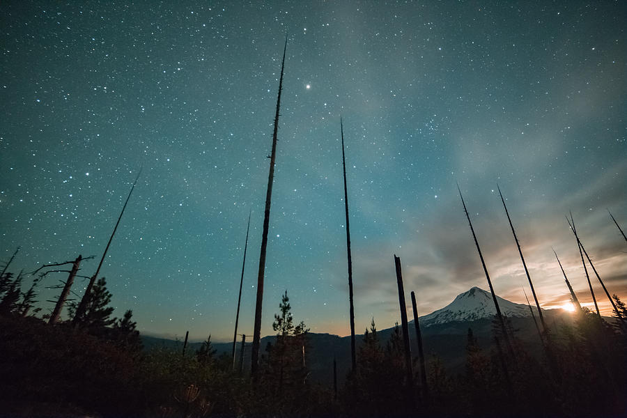 Incredible moonset and stars on Mt. Hood from the Hood River Valley Photograph by Tyler Hulett