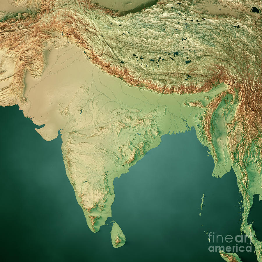 India 3D Render Topographic Map Dark Ocean Color Digital Art by Frank ...