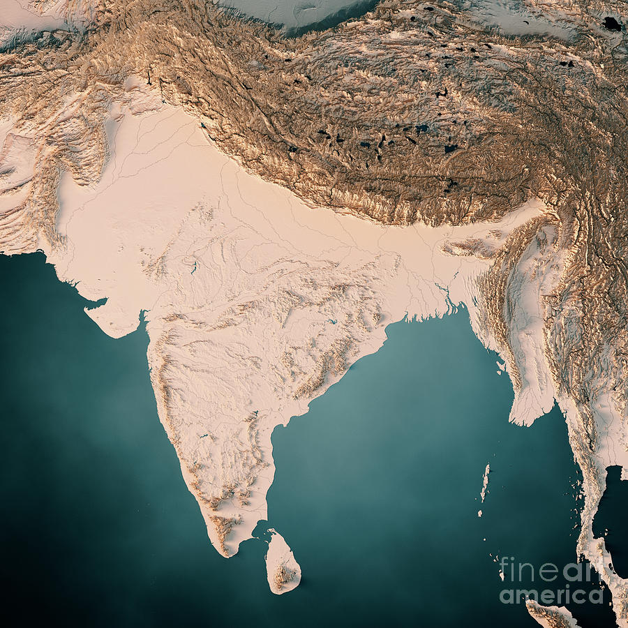 India 3D Render Topographic Map Dark Ocean Neutral Digital Art by Frank ...