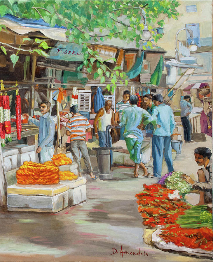 India flower market street vertical version Painting by Dominique Amendola