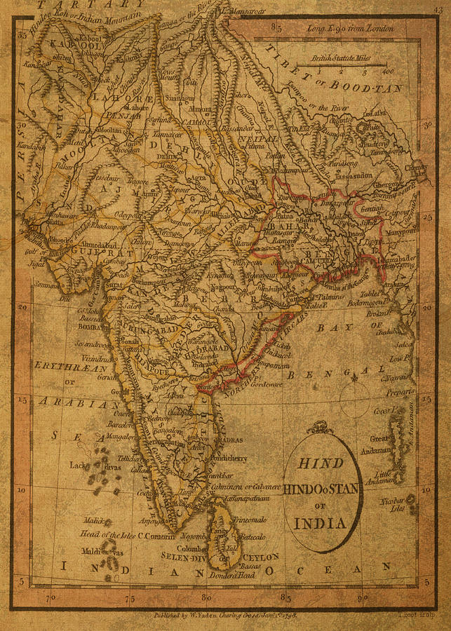 India Hindustan 1798 Antique Vintage Map on Parchment Mixed Media by ...