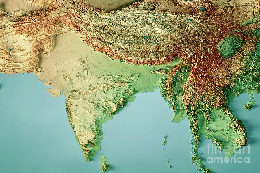 India Topographic Map Horizontal 3D Render Color Digital Art by Frank ...