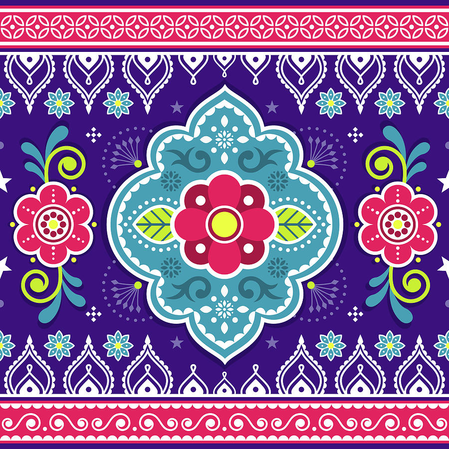 Indian and Pakistani truck art seamless pattern design with flowers and ...