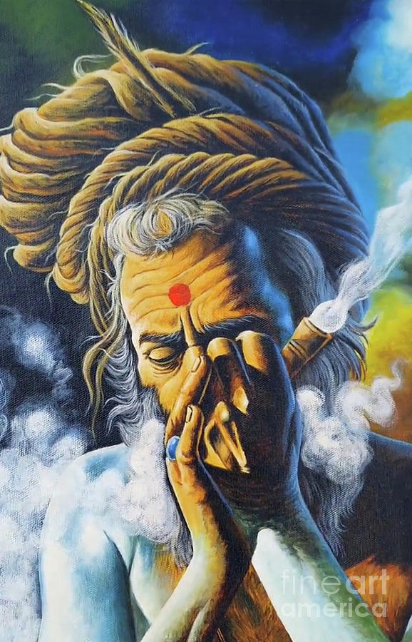 Indian Painting Sadhu Baba Smoking Painting by Manish Vaishnav