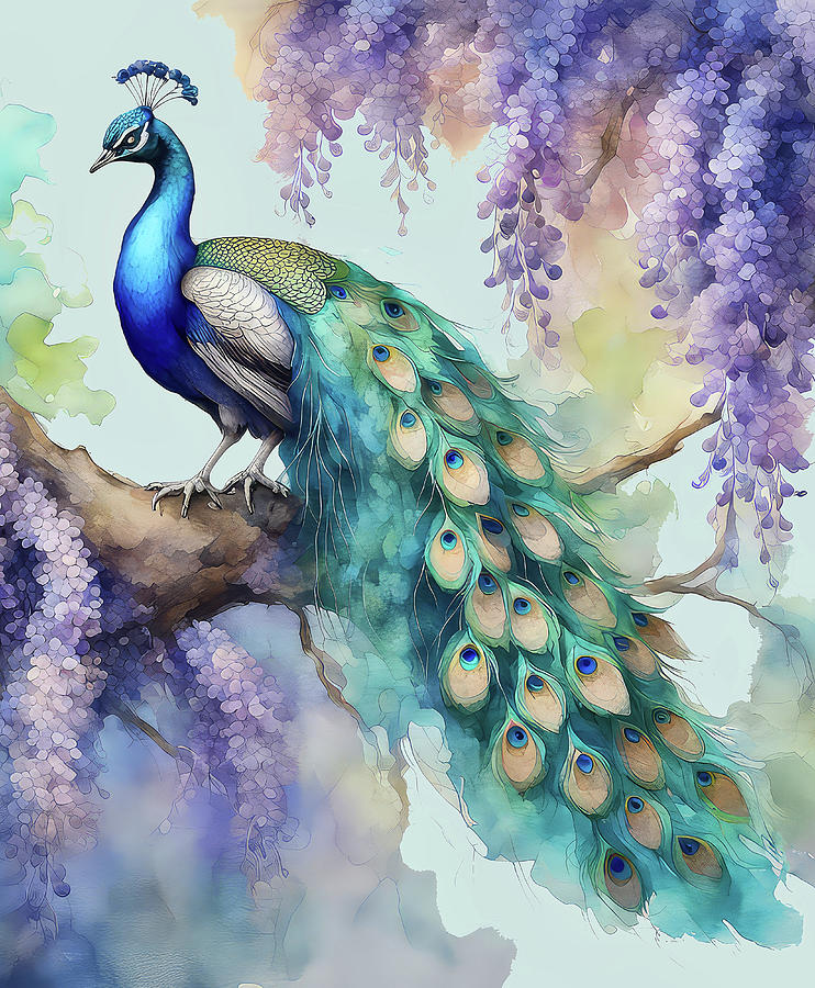 Indian Peacock In Wisteria Blossoms Digital Art by HH Photography of Florida