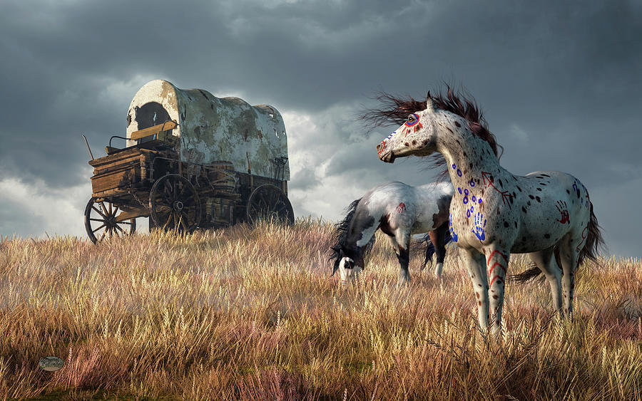 Indian Ponies and Abandoned Wagon Digital Art by Daniel Eskridge
