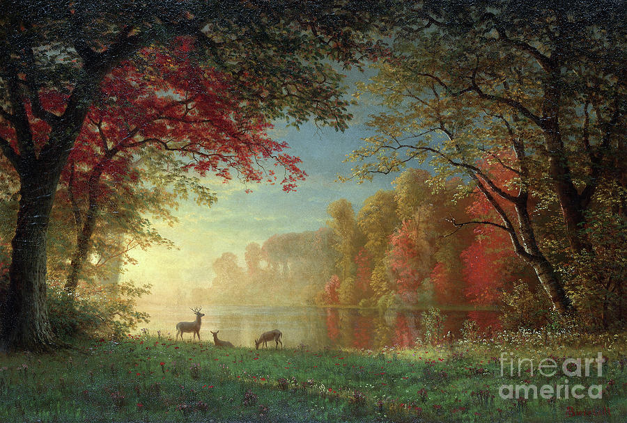 Indian Sunset Deer By Lake Painting by Sad Hill - Bizarre Los Angeles Archive