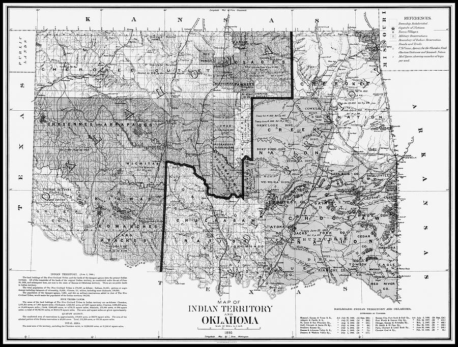 Oklahoma Map Photograph - Indian Territory and Oklahoma Vintage Map 1890 Black and White  by Carol Japp