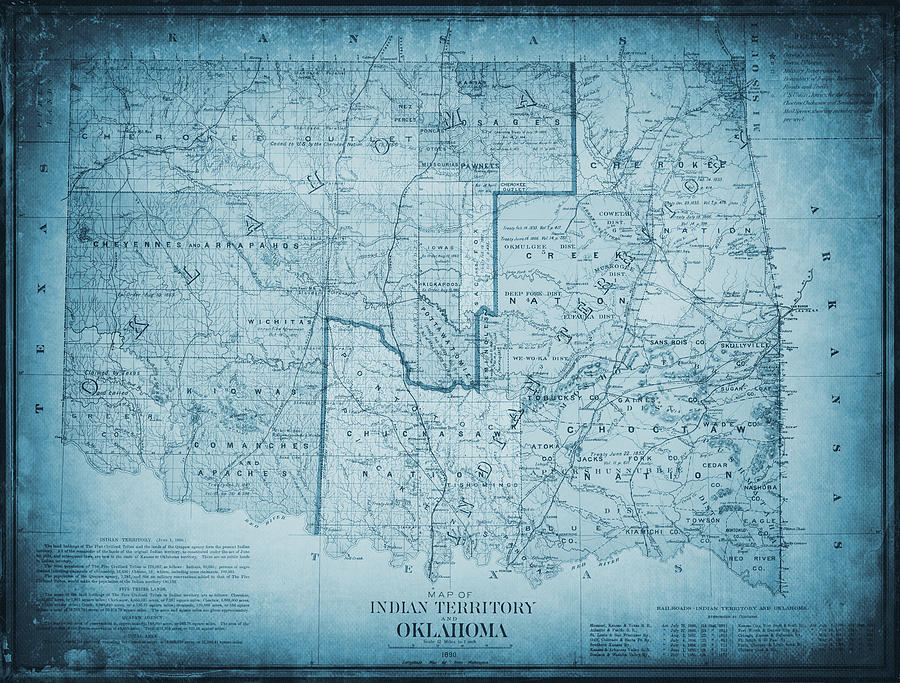 Oklahoma Map Photograph - Indian Territory and Oklahoma Vintage Map 1890 Blue by Carol Japp