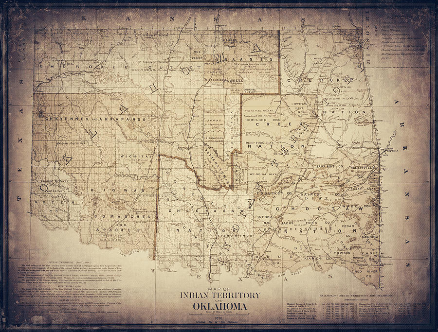 Oklahoma Map Photograph - Indian Territory and Oklahoma Vintage Map 1890 Sepia  by Carol Japp