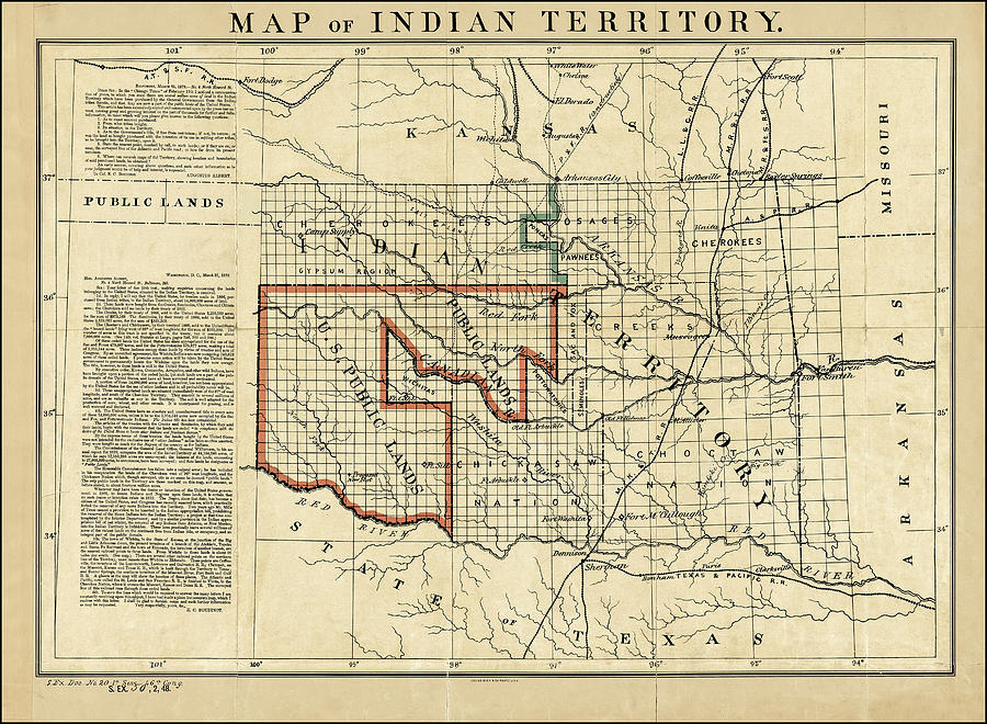 Indian Territory and Public Land Map 1879 with Historic Letters Photograph by Phil Cardamone
