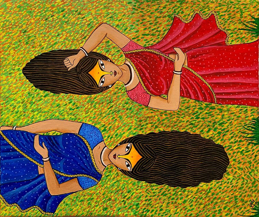 Indian Village Women On Grass Painting By Arpa Mukhopadhyay Fine Art America