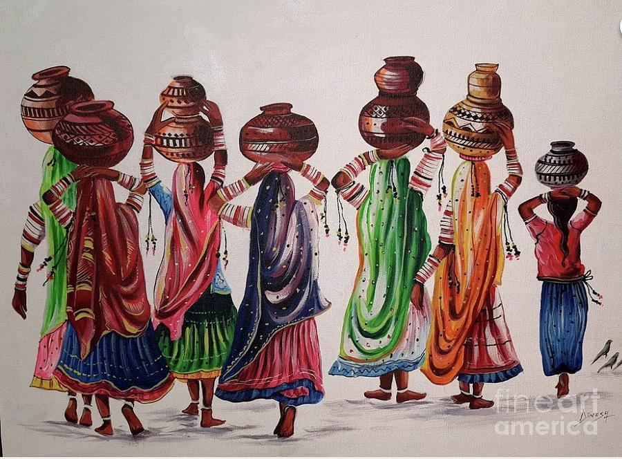 indian women painting, Rajasthani Ladies with Water Pots Painting by Manish Vaishnav