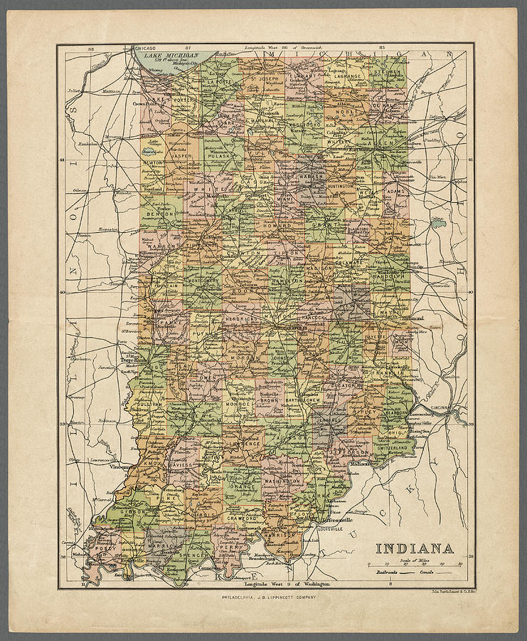 Indiana antique map showing counties, railroads, and canals, published circa, 1890 Photograph by Phil Cardamone