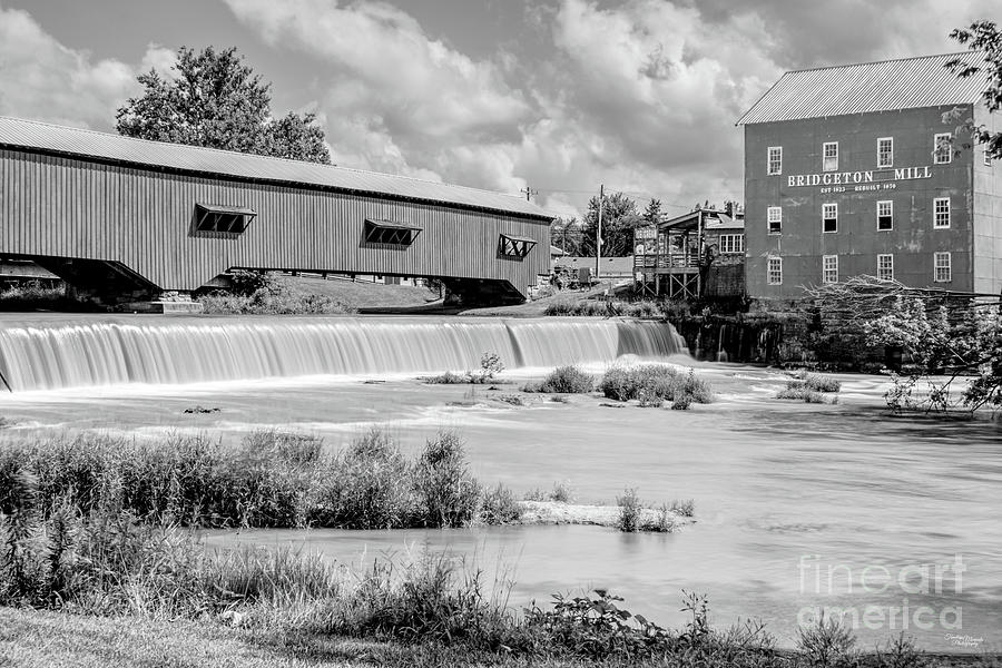 Indiana Bridgeton Mill And Covered Bridge Grayscale Photograph by Jennifer White
