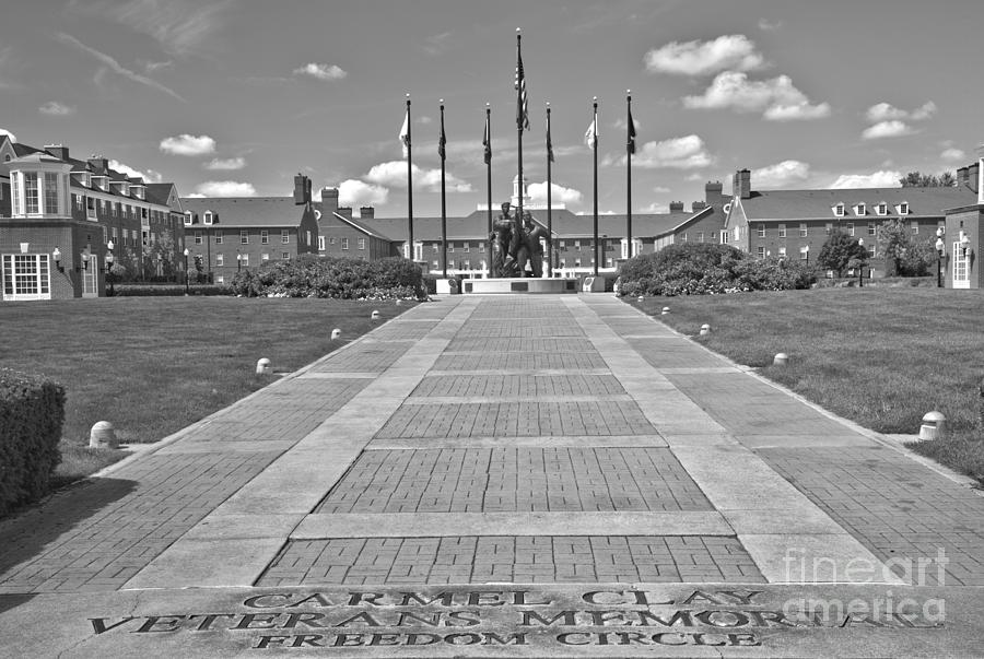 Indiana Carmel Clay Veterans Memorial Plaza Black And White Photograph by Adam Jewell